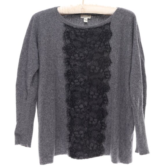 Garnet Hill 100% Cashmere Lace Front Longsleeve Shirt  XS Gray/Black - Picture 1 of 9